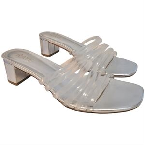Raye Lyric Revolve Women's 9.5 Metallic Silver and Clear Strappy Heeled Sandals